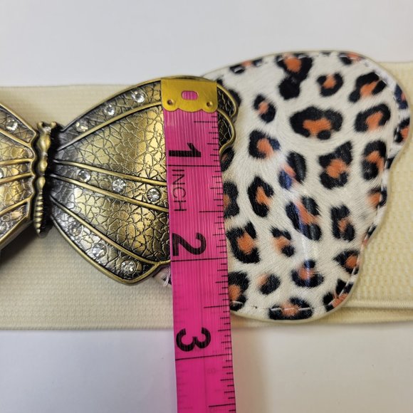 Butterfly Buckle Stretch Belt Animal Print Antique Gold Tone Buckle Brown Cream - Picture 13 of 16